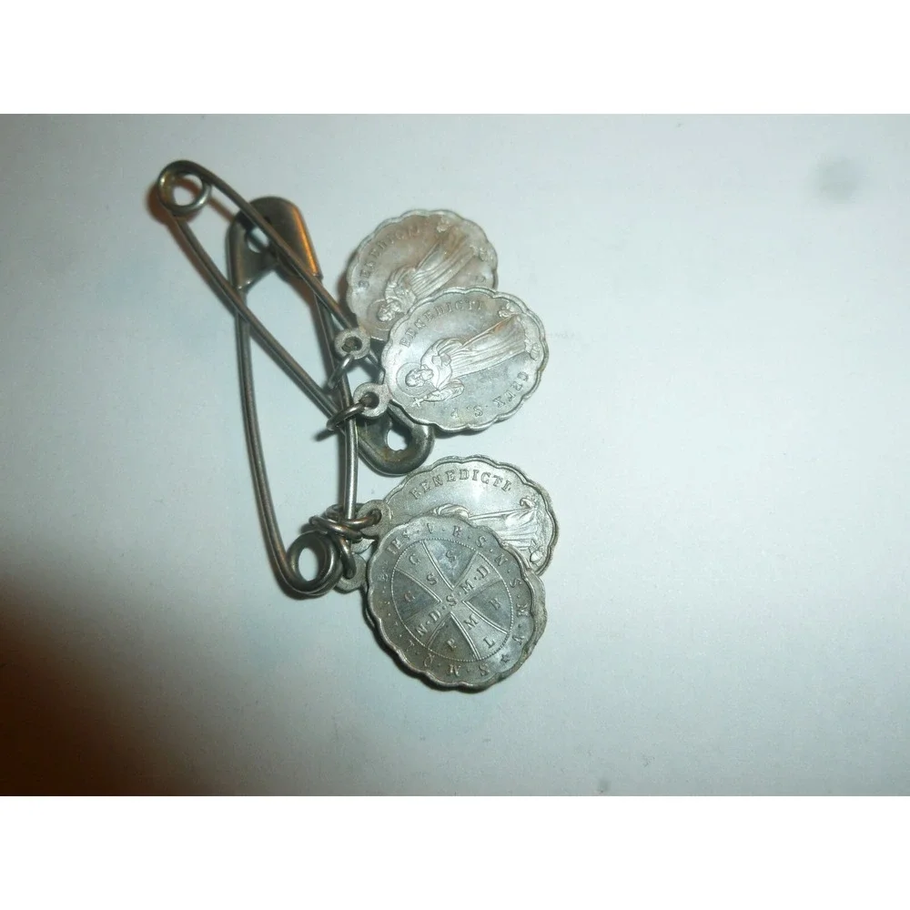 Vintage St Benedict Religious Medals‎ Silver Tone Safety Pin Charm Catholic 3pc